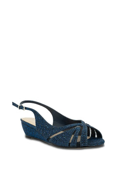 Jocelyn Navy Prom Shoes: Paradox London P2408, a navy blue glittery low wedge slingback shoe with a peep toe and cutout details.
