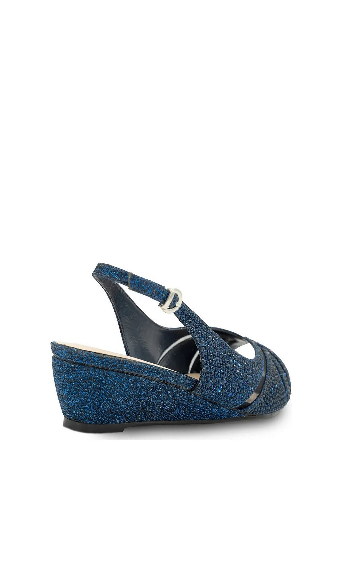 Jocelyn Navy Prom Shoes: Paradox London P2408 navy blue glittery peep-toe slingback low wedge shoes.