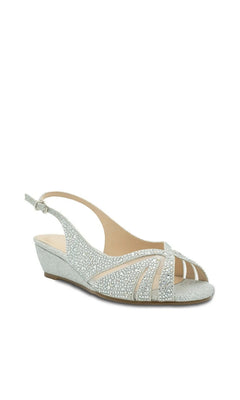 Jocelyn Silver Prom Shoes: Paradox London P2409 silver slingback shoes with a peep toe, wedge heel, and crystal embellishments.