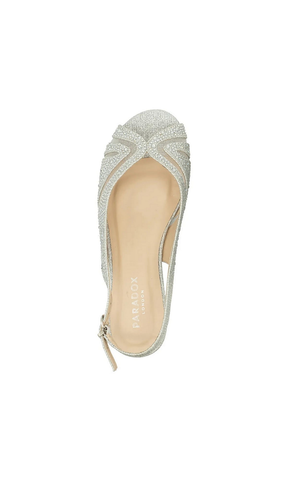 Jocelyn Silver Prom Shoes: Paradox London P2409, a silver glittery slingback peep-toe shoe with a buckled strap.