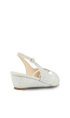 Jocelyn Silver Prom Shoes: Paradox London P2409, silver glitter slingback wedge prom shoes with a crystal-embellished toe strap.