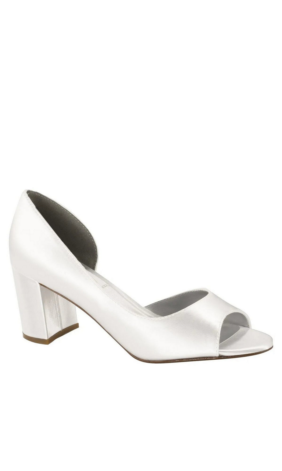Joy White Block Heel Prom Shoes: Dyeables 4375 in white satin with a peep toe, block heel, and side cutouts.