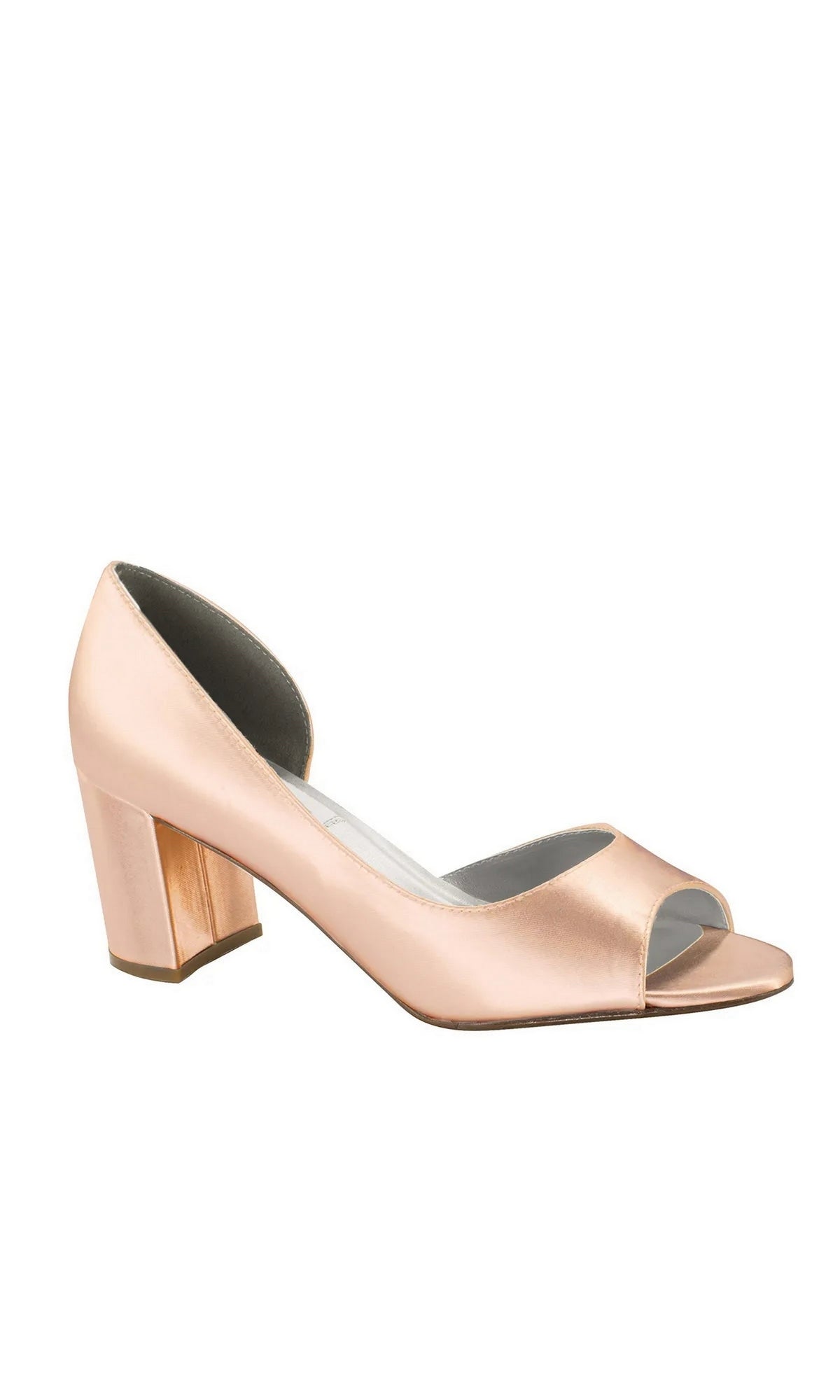 Pale pink satin Joy White Block Heel Prom Shoes: Dyeables 4375 with a peep toe and block heel.