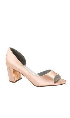 Pale pink satin Joy White Block Heel Prom Shoes: Dyeables 4375 with a peep toe and block heel.