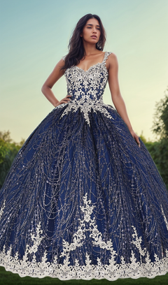 A woman stands outdoors in the Quinceanera Dress 1478 by Dancing Queen, a navy ball gown with embellished cap sleeves and a lace embroidered corset bodice, set against a clear sky and lush greenery.