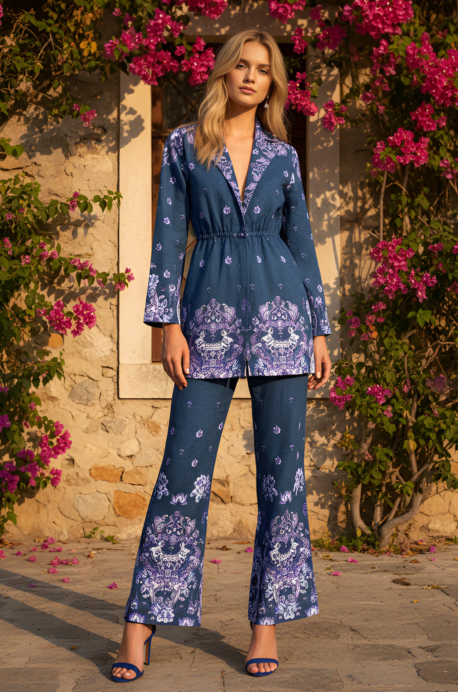 A woman stands outdoors in front of a stone wall and pink flowers, wearing the Summer Paisley-Print Matching Set: June in Regal Paisley, featuring long sleeves, high-rise trousers, and matching heels.