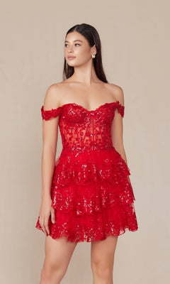 A woman stands against a neutral background wearing the Off-Shoulder Short Ruffled Sequin Hoco Dress K856—red, short, tiered, with lace and sequin details.