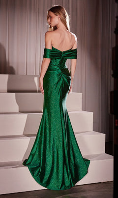 A woman faces away on white steps, wearing the Ladivine KV1115—a floor-length, emerald green glitter satin prom dress with off-the-shoulder sleeves, fitted silhouette, slight train, and subtle shimmer, perfect for special occasions.