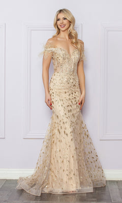 A woman poses in the Sequined Glitter-Print Prom Dress: Nox Anabel L1255, a floor-length gown with off-the-shoulder design, gold embroidery, and feather details, standing against a light purple wall.