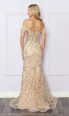 A woman stands facing away, wearing the Nox Anabel L1255 Sequined Glitter-Print Prom Dress in light gold, featuring an off-the-shoulder design, lace-up back, feather-detailed sleeves, and floor-length sequin embellishments.