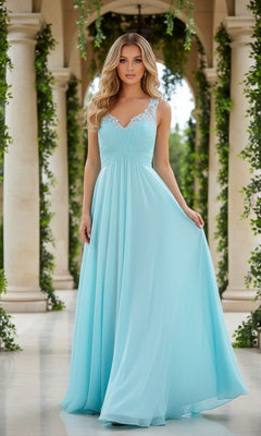 A woman wears the Sheer-Back Long A-Line Prom Dress: La Femme 21130, a light blue gown with lace details, as she stands in a columned hallway adorned with green vines.