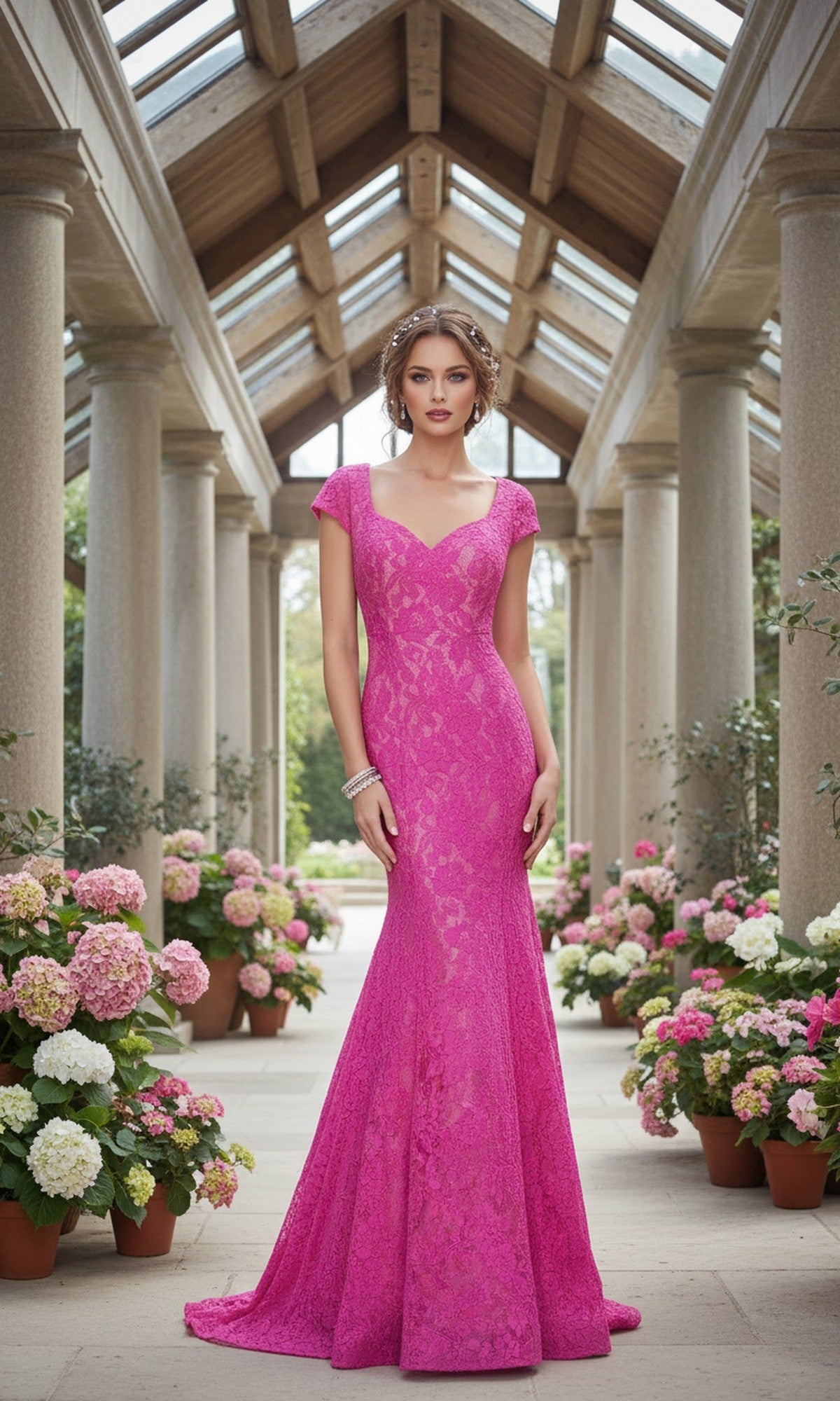 A woman wears the La Femme 21509 cap-sleeve long lace prom dress, fitted and floor-length in bright pink, standing on a garden walkway with potted hydrangeas and stone columns beneath a glass roof.