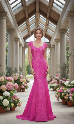 A woman wears the La Femme 21509 cap-sleeve long lace prom dress, fitted and floor-length in bright pink, standing on a garden walkway with potted hydrangeas and stone columns beneath a glass roof.