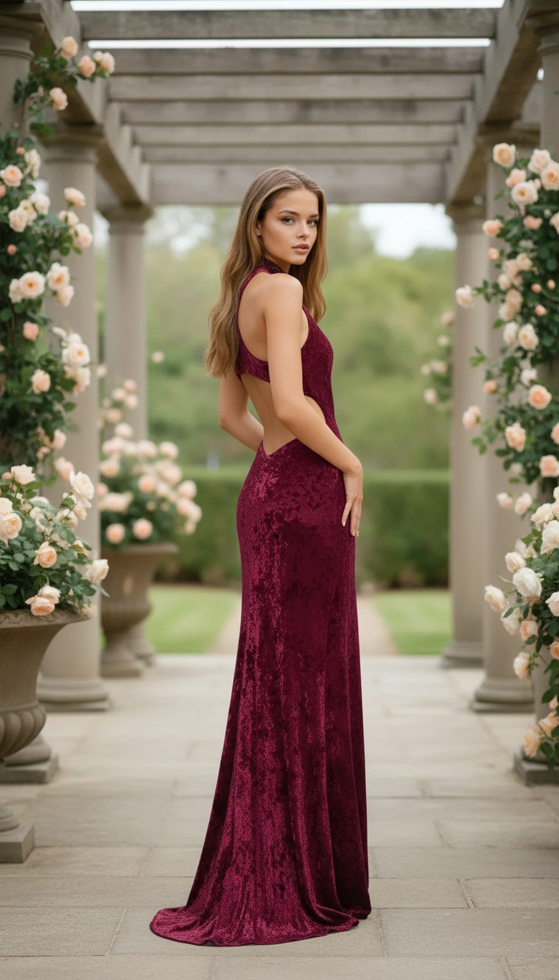A woman in the High-Neck Velvet Prom Gown: La Femme 25783 stands on a stone path, surrounded by rose bushes and pergola columns, glancing back over her shoulder.