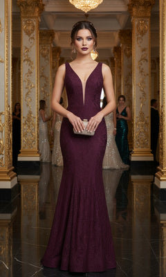 V-Neck Lace Mermaid Prom Dress: La Femme 27464 Dark Berry / 00 V-Neck Lace Mermaid Prom Dress: La Femme 27464 Dark Berry / 00