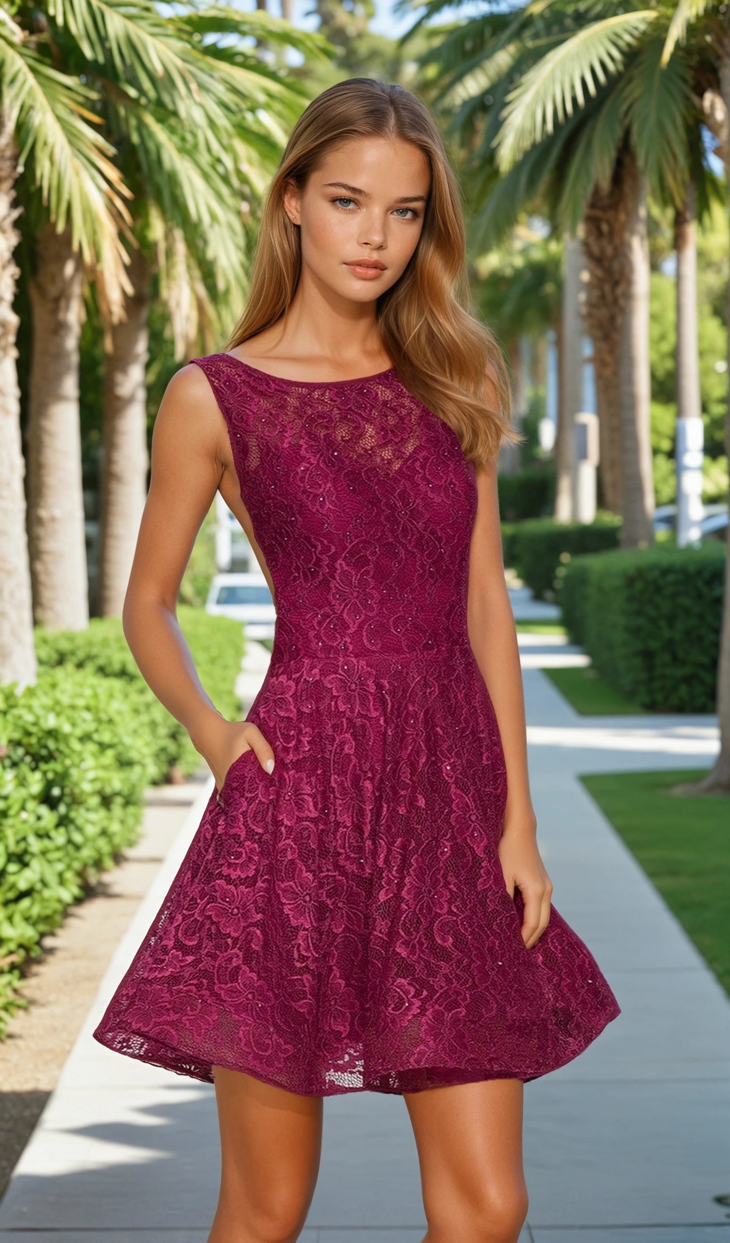 Woman wearing a purple lace dress standing outdoors with palm trees in the background