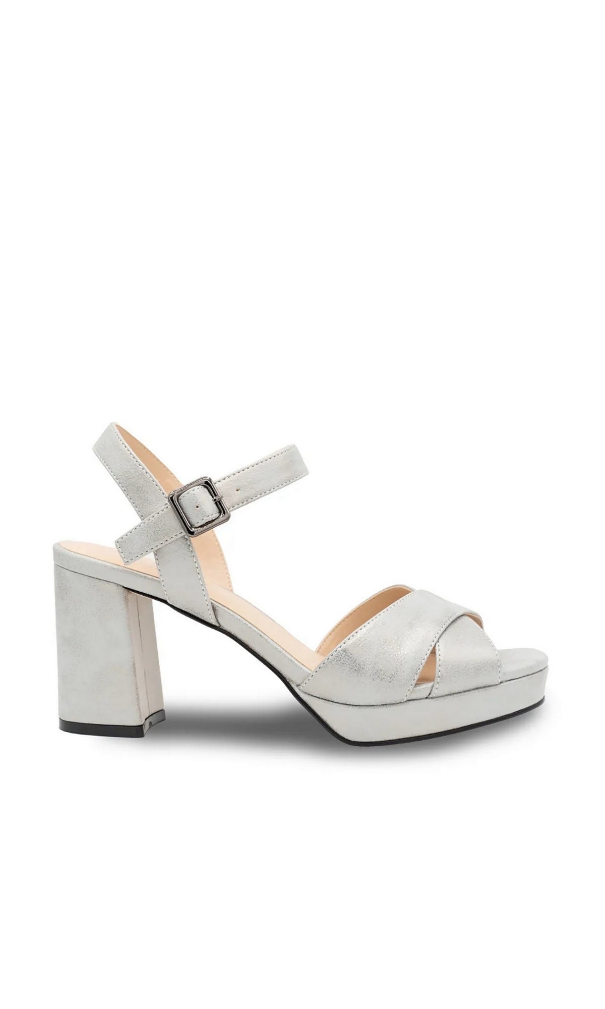 Landon Silver Prom Shoes: Paradox London P2314, featuring silver platform shoes with a block heel and an adjustable ankle strap.