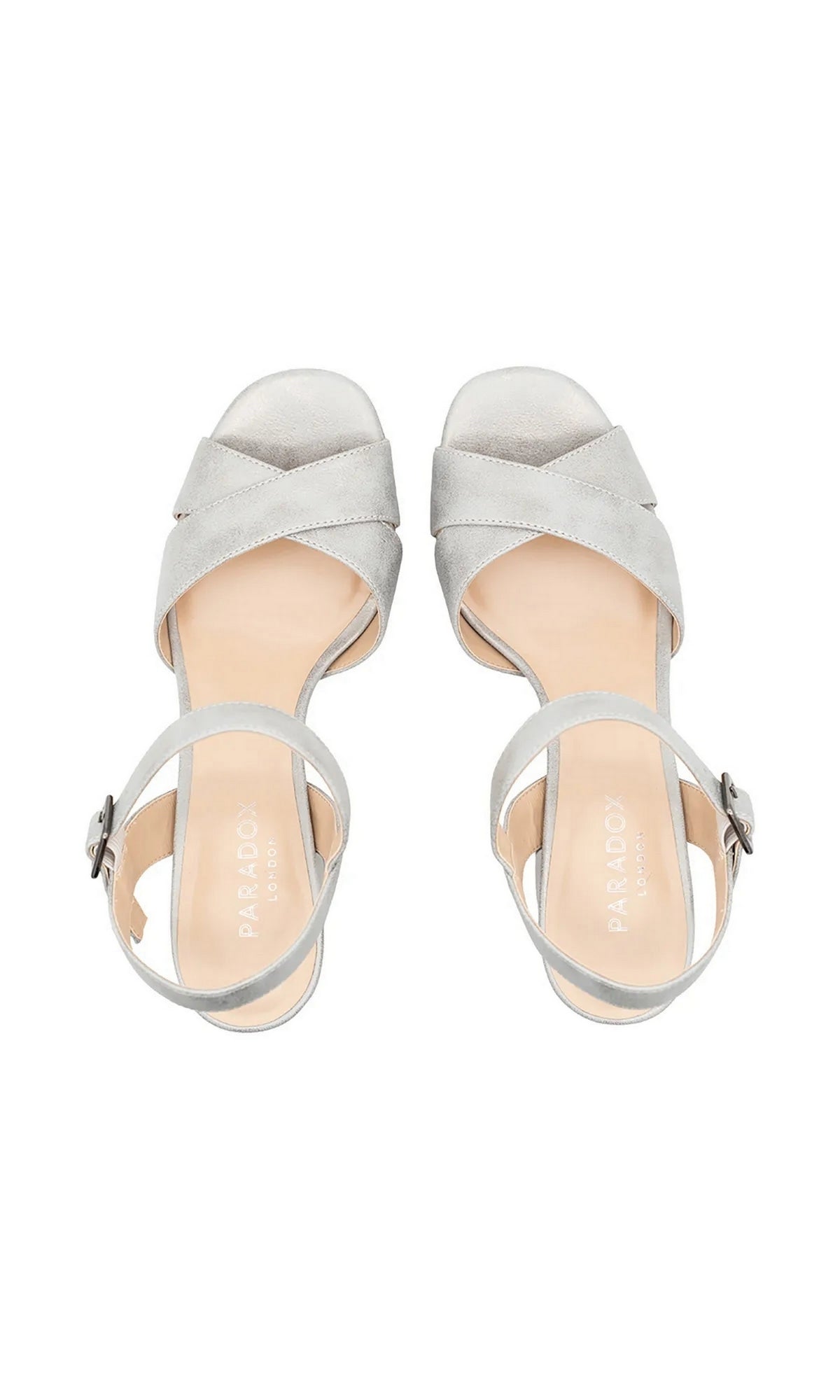 Top-down view of Landon Silver Prom Shoes: Paradox London P2314, featuring silver glitter platforms with open toes and ankle straps.