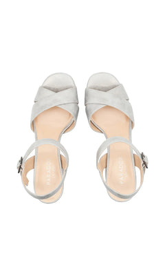 Top-down view of Landon Silver Prom Shoes: Paradox London P2314, featuring silver glitter platforms with open toes and ankle straps.