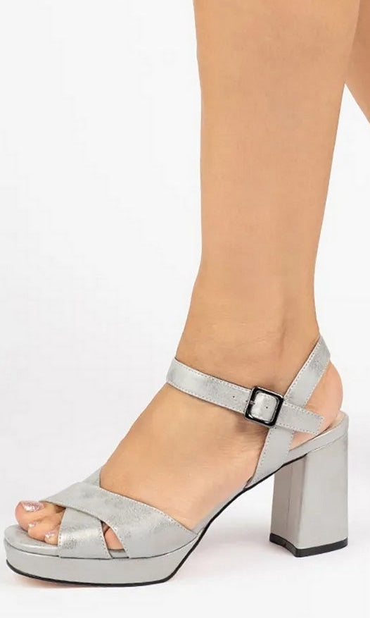 Landon Silver Prom Shoes: Paradox London P2314, silver strappy block-heeled sandals with an ankle strap, buckle closure, and glitter finish.