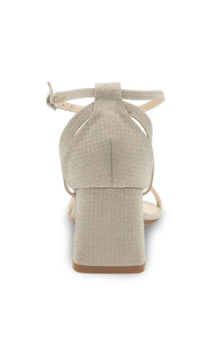 Rear view of Lilibet Champagne Prom Shoes: Touch Ups 4670, a beige glitter block-heel sandal with ankle strap and buckle, perfect as low-heel prom shoes, set against a plain white background.