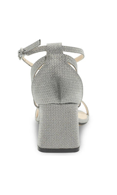 Back view of Lilibet Silver Prom Shoes: Touch Ups 4671—a textured silver open-heel sandal with ankle strap and block heel—ideal glitter prom sandals, displayed against a white background.