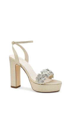 Lily Champagne Platform Prom Shoes: Touch Ups 4709 are champagne block heel platform sandals with an ankle strap and a cluster of jeweled flowers on the toe strap.
