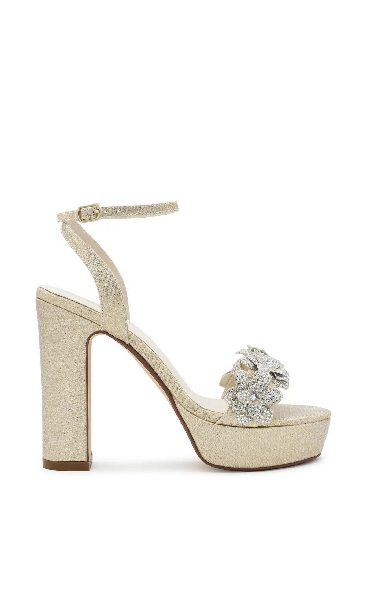Lily Champagne Platform Prom Shoes: Touch Ups 4709 are gold platform block heels with an ankle strap and a jeweled flower embellishment covered in rhinestones on the toe.