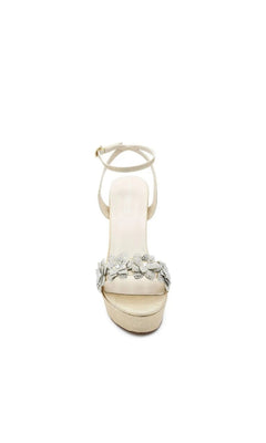 Lily Champagne Platform Prom Shoes: Touch Ups 4709 are champagne block heel platform sandals with an ankle strap and a jeweled flower embellishment on the toe.
