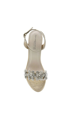 Lily Champagne Platform Prom Shoes: Touch Ups 4709 are champagne-colored block heel sandals with an ankle strap and a jeweled flower embellishment on the toe.