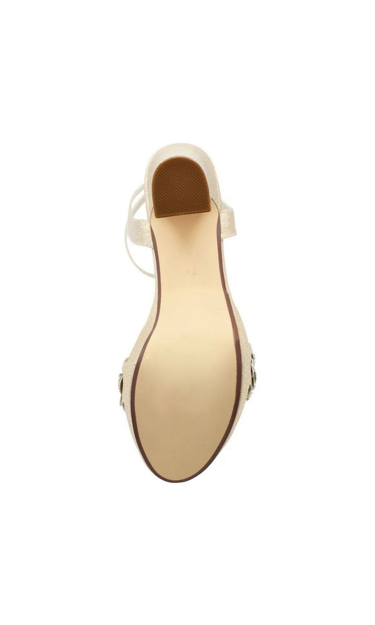 Bottom view of a shimmering champagne-colored Lily Champagne Platform Prom Shoes: Touch Ups 4709 block heel sandal accented with a jeweled flower.