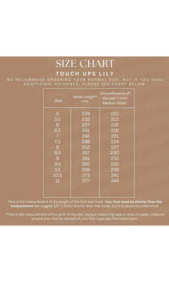 Size chart for Lily Champagne Platform Prom Shoes: Touch Ups 4709, showing sizes 5 through 11 with corresponding insole lengths in millimeters and circumference measurements.