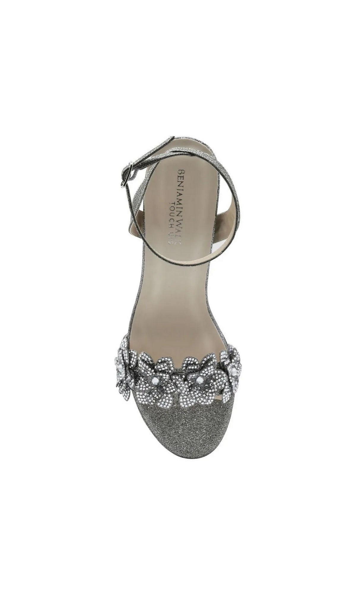 Lily Pewter Platform Prom Shoes: Touch Ups 4710 featuring silver glitter, an ankle strap, and a rhinestone flower embellishment across the toe.