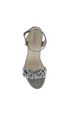 Lily Pewter Platform Prom Shoes: Touch Ups 4710 featuring silver glitter, an ankle strap, and a rhinestone flower embellishment across the toe.