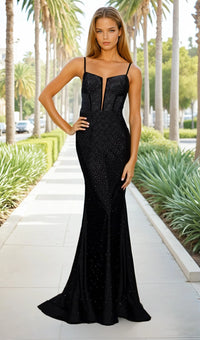 Woman in a black evening gown standing on a pathway with palm trees in the background