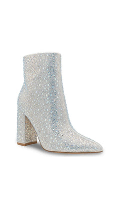 Luca Silver Zip Bootie Prom Shoes: Touch Ups 4688 are silver rhinestone ankle booties with a block heel and a side zipper.