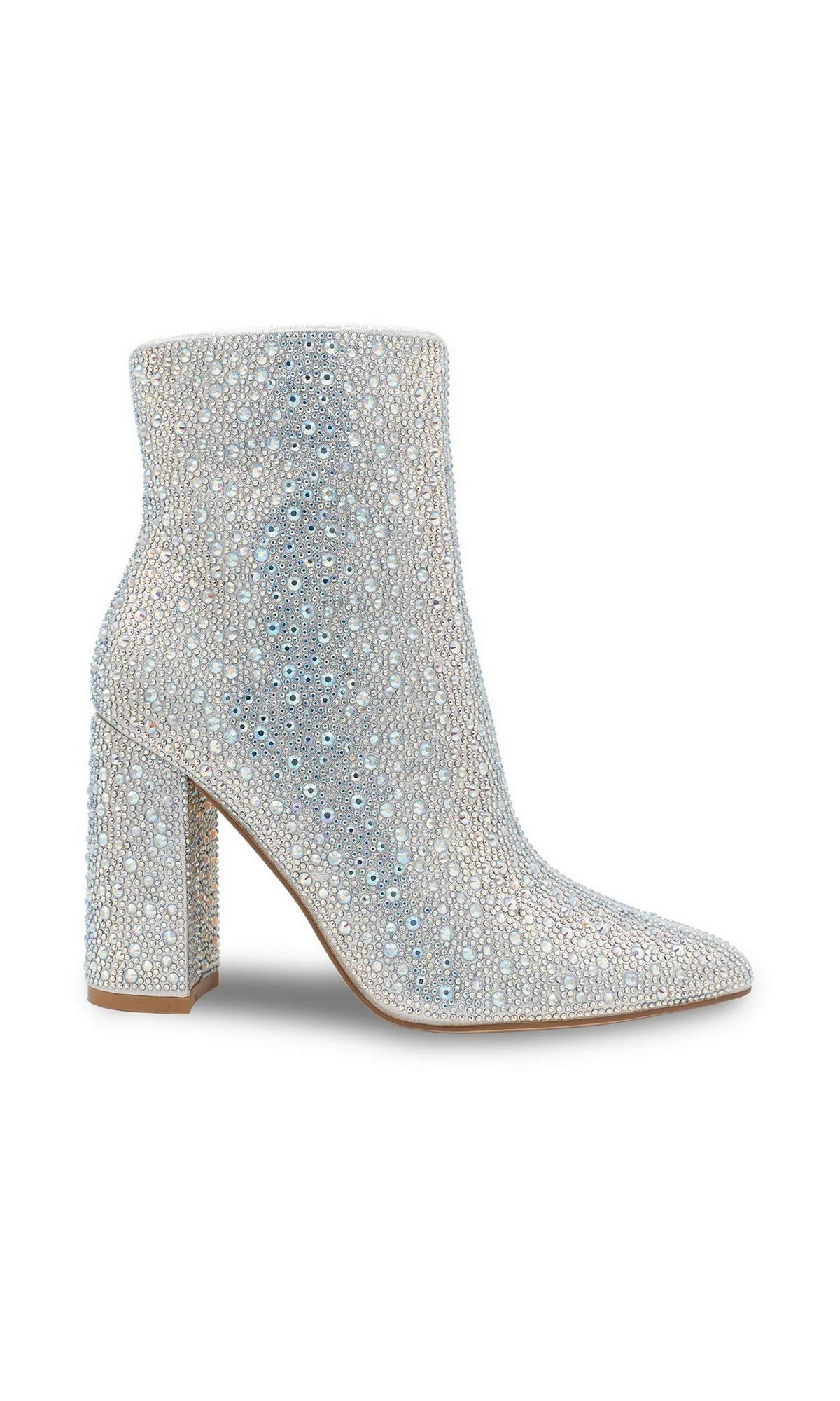 Luca Silver Zip Bootie Prom Shoes: Touch Ups 4688 are silver ankle booties with a block heel, completely covered in shimmering rhinestones for a standout look.