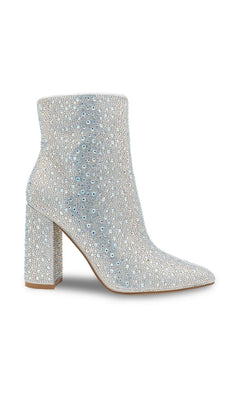 Luca Silver Zip Bootie Prom Shoes: Touch Ups 4688 are silver ankle booties with a block heel, completely covered in shimmering rhinestones for a standout look.