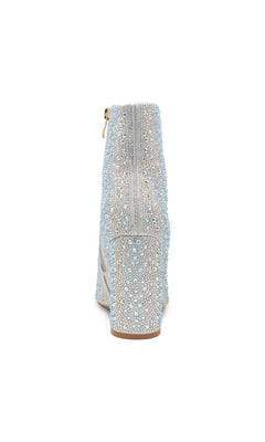 Back view of Luca Silver Zip Bootie Prom Shoes: Touch Ups 4688, featuring high-heeled ankle boots covered in iridescent rhinestones with a side zipper.