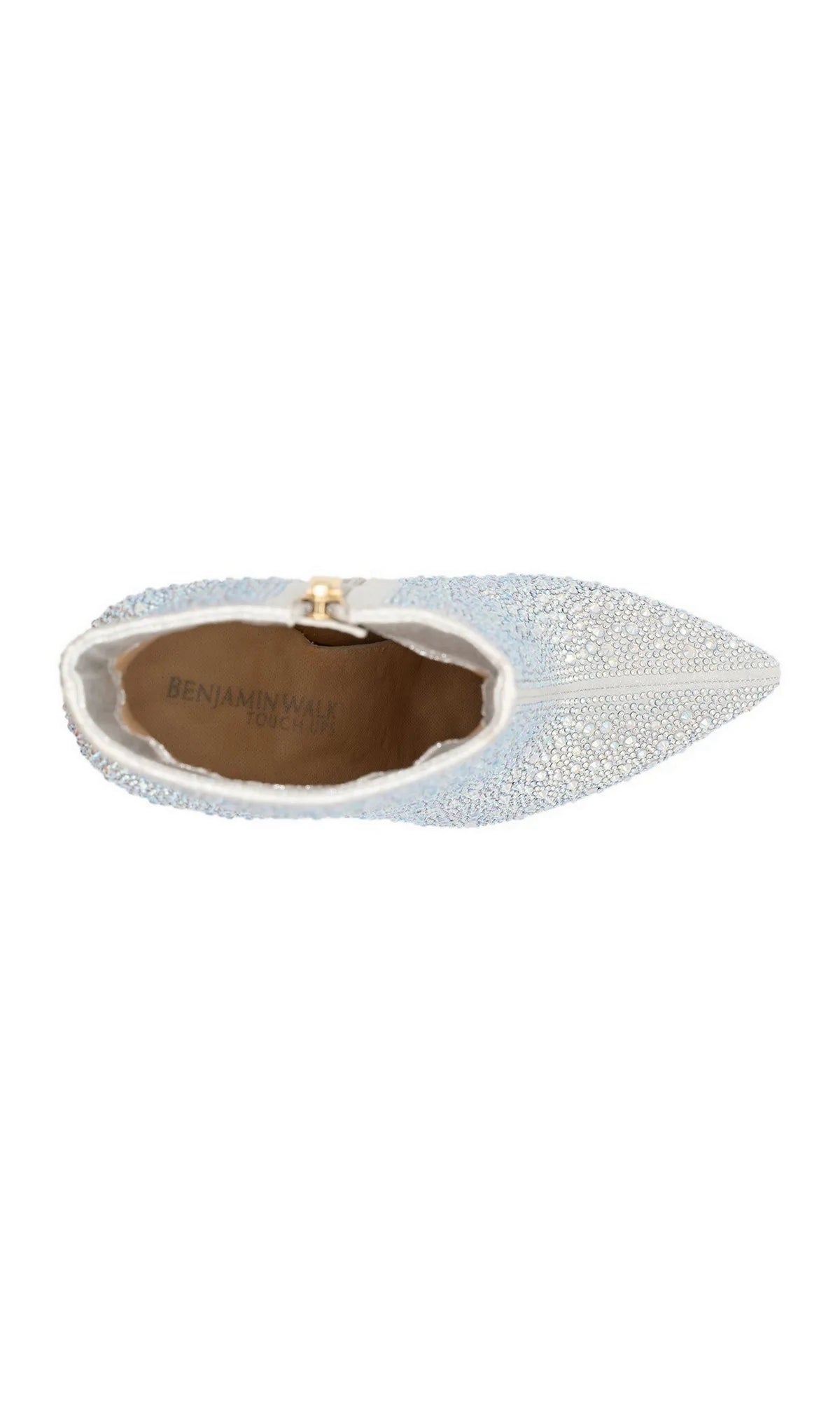 Top-down view of silver Luca Silver Zip Bootie Prom Shoes: Touch Ups 4688, featuring crystal rhinestones, a pointed toe, and a side zipper.