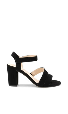 Lucille Black Prom Shoes: Touch Ups 4697 black strappy block-heel sandals with an ankle strap and open toe.