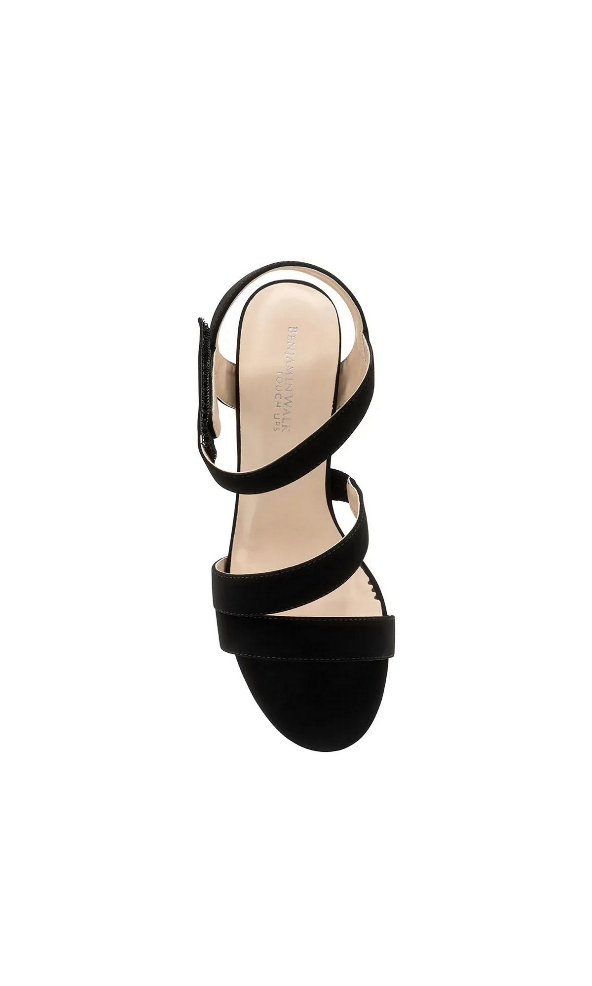 Top-down view of Lucille Black Prom Shoes: Touch Ups 4697, a black strappy block heel sandal with an ankle strap.