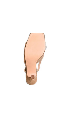 Bottom view of a shimmering champagne-colored square-toe glittery stiletto sandal, the Lux Champagne Stiletto Prom Shoes: Touch Ups 4742.