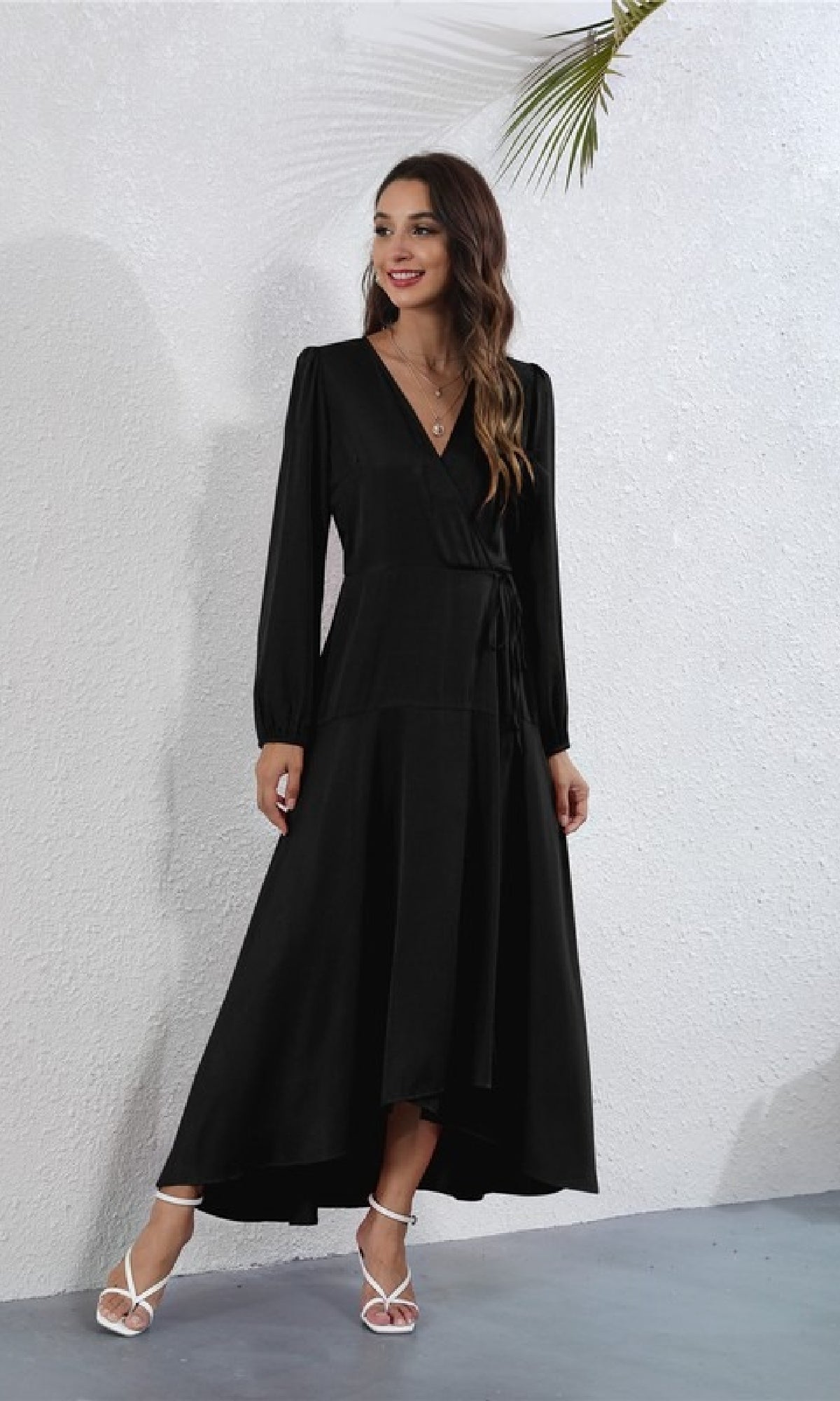 A-Line V-Neck Casual Maxi Wrap Dress with Sleeves