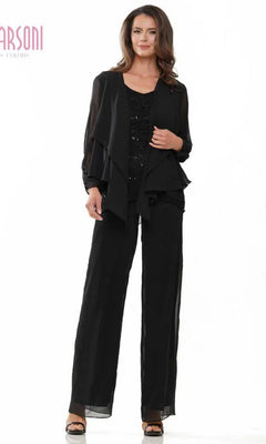Woman in a black Marsoni M303 long formal pantsuit with a sleeveless lace top, flowy chiffon jacket, and wide-leg trousers, posed against a plain white background.