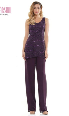 A woman models the Marsoni M303 long formal pantsuit—sleeveless, sequined purple lace top with matching wide-leg pants—standing forward against a plain white background.