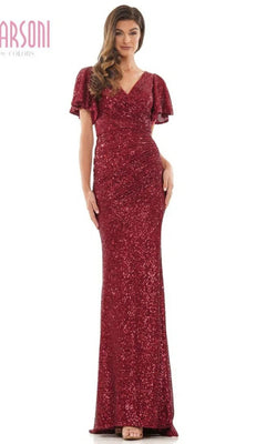 A woman wears the Marsoni M318 long formal dress in wine, featuring short sleeves and a V-neckline, standing against a plain white background.