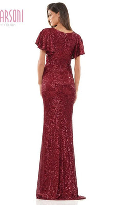 A woman is seen from the back wearing the Marsoni M318, a long formal dress with short sleeves, a v-neckline, and shimmering burgundy sequins, set against a plain white background.