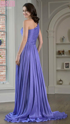 A woman stands indoors, smiling over her shoulder in the Marsoni M332—a floor-length, sleeveless purple chiffon formal gown.