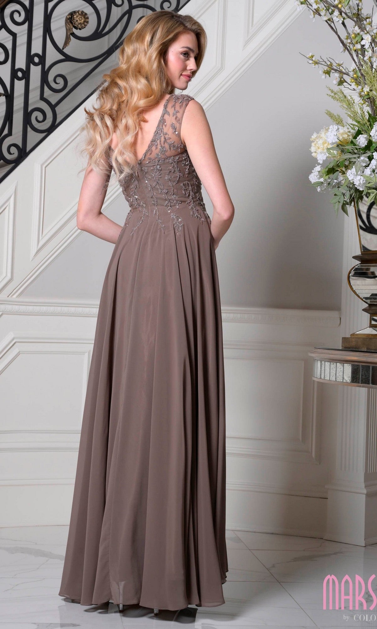 Cap-Sleeve Long A-Line Formal Dress with Beaded Bodice Dark Taupe / 10